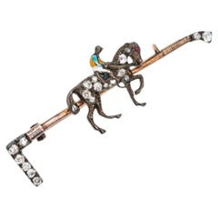 1880's Victorian Diamond Enamel Horse Polocrosse Horse Bar Brooch 18K Solid Gold