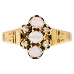 1880's Victorian Diamond Jelly Opal 10 Karat Yellow Gold Cluster Ring