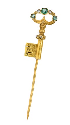 Spillone vittoriano con perla di smeraldo in oro 18 carati del 1880