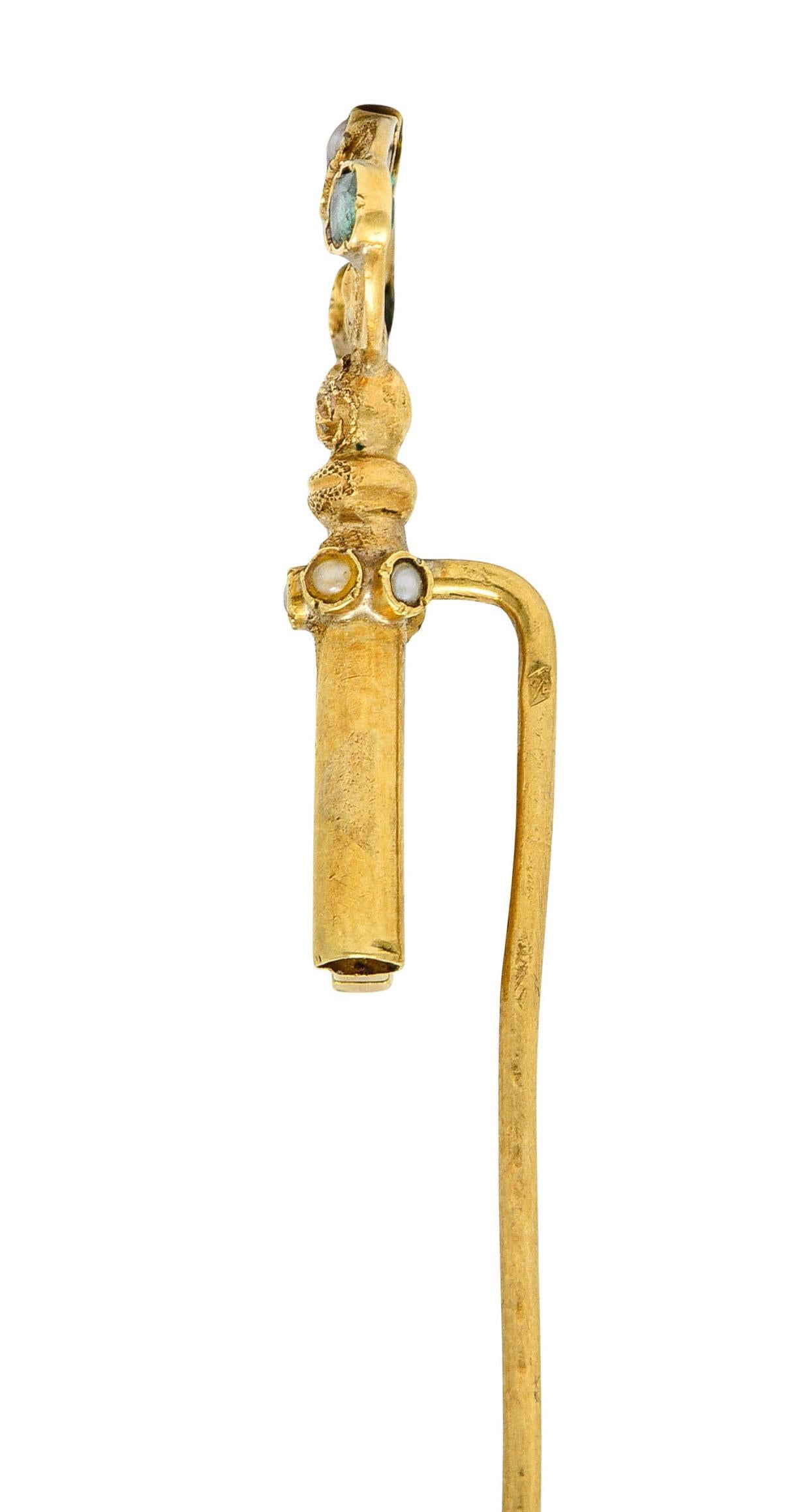 1880's Victorian Emerald Pearl 18 Karat Gold Key Stickpin In Excellent Condition In Philadelphia, PA