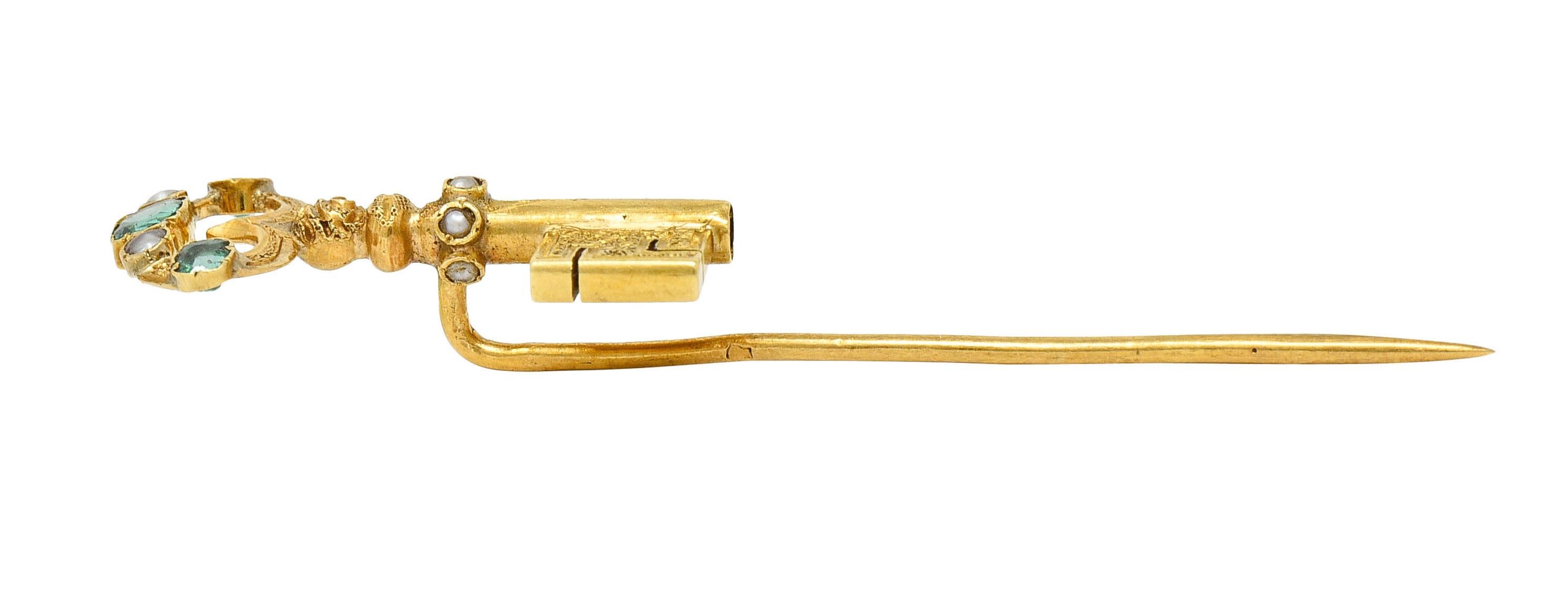 1880's Victorian Emerald Pearl 18 Karat Gold Key Stickpin 1