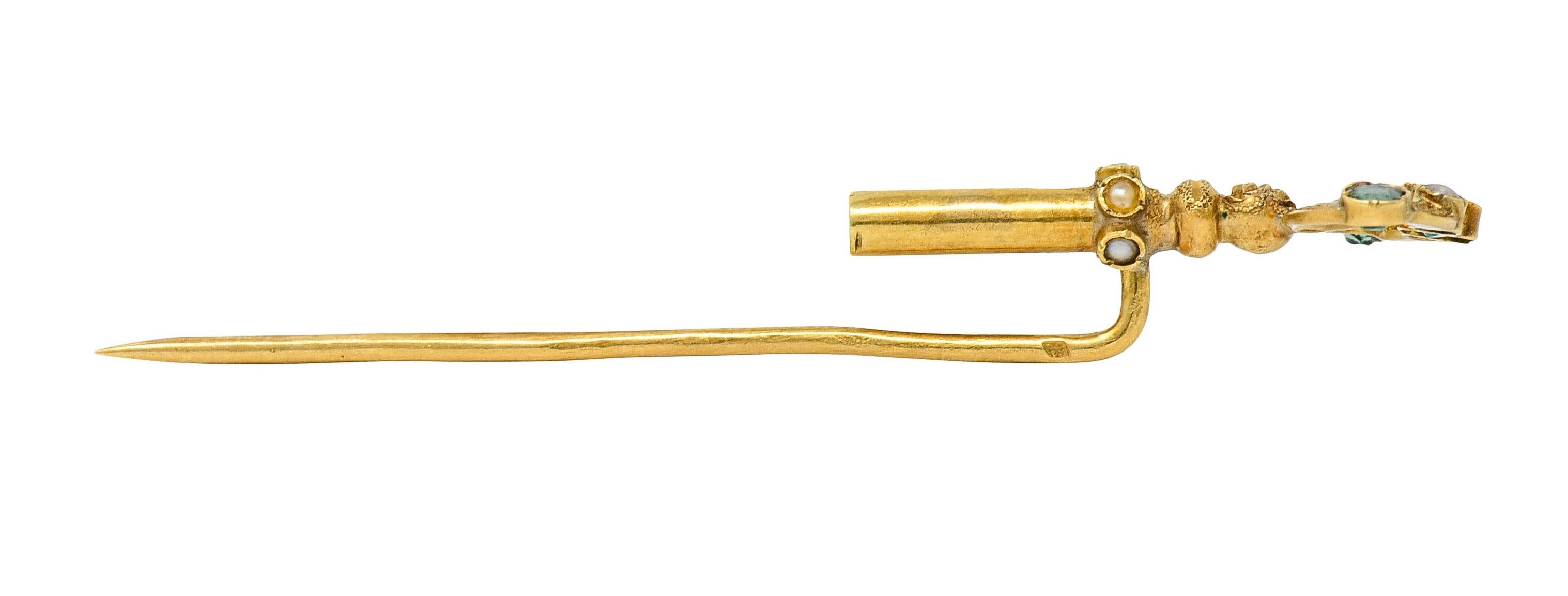 1880's Victorian Emerald Pearl 18 Karat Gold Key Stickpin 2