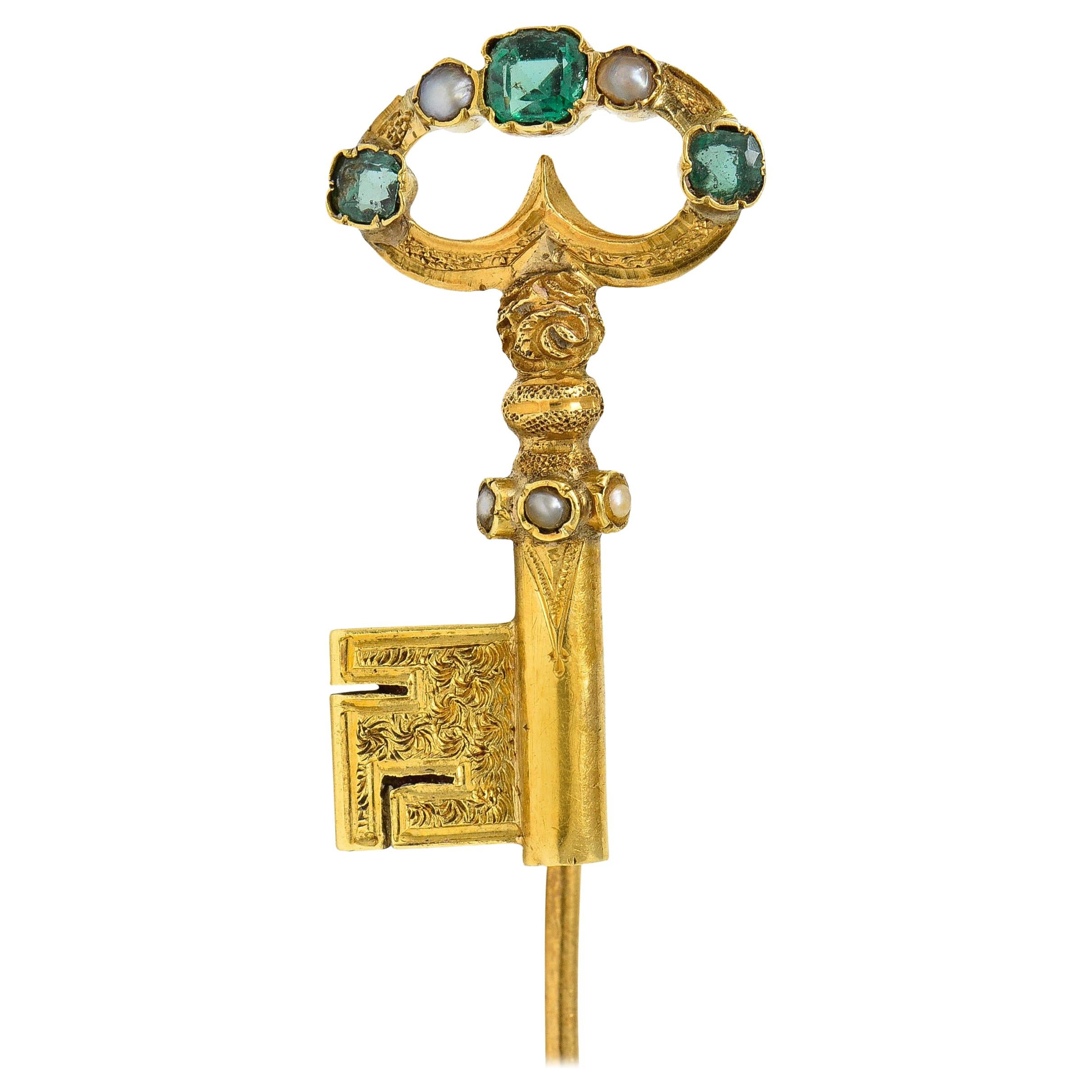 1880's Victorian Emerald Pearl 18 Karat Gold Key Stickpin