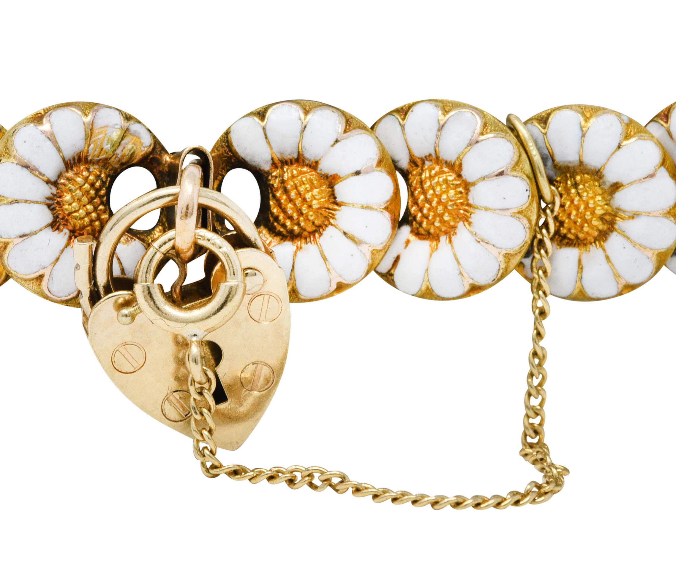 1880's Victorian Enamel 14 Karat Gold Heart Padlock Daisy Link Bracelet 8