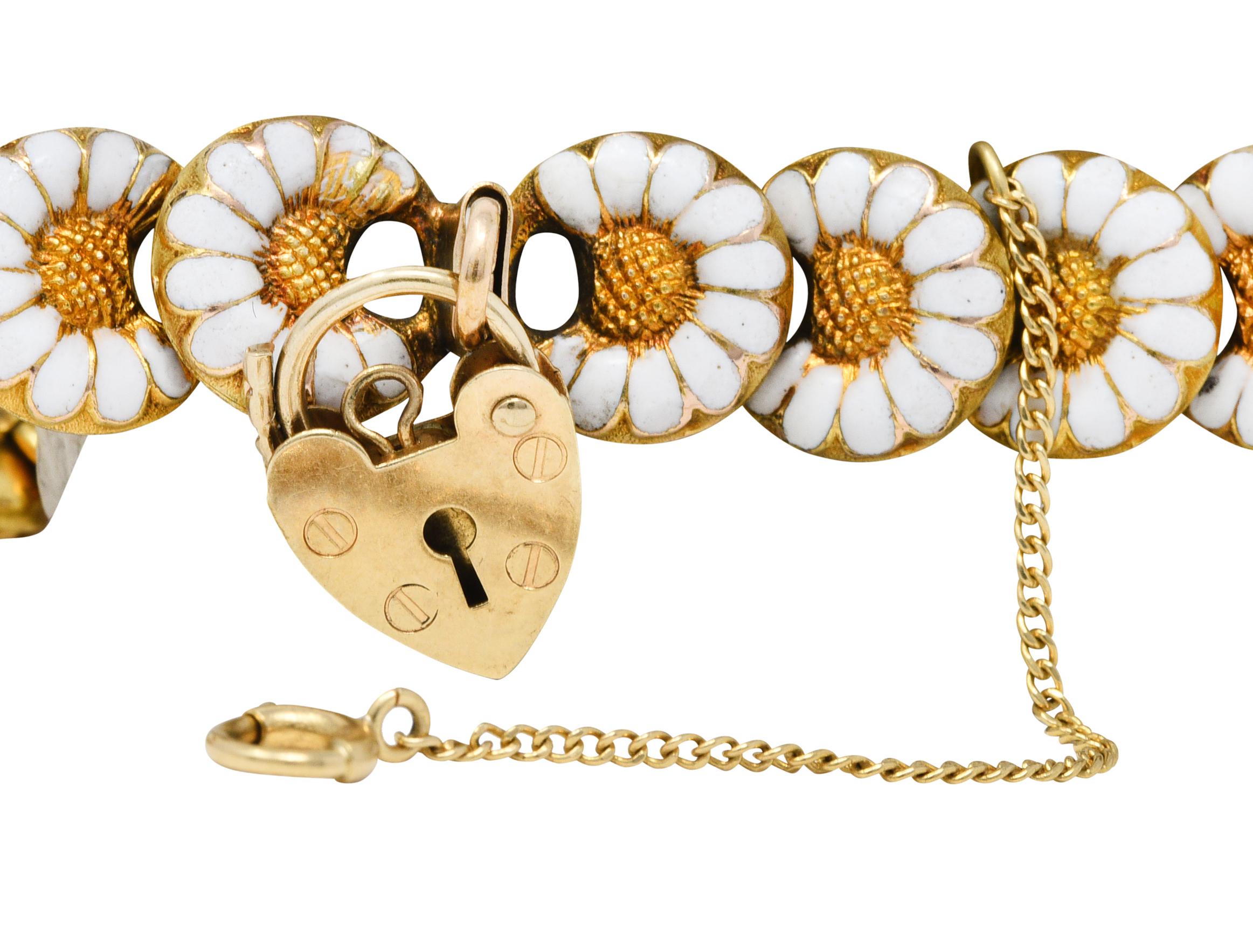 1880's Victorian Enamel 14 Karat Gold Heart Padlock Daisy Link Bracelet 9