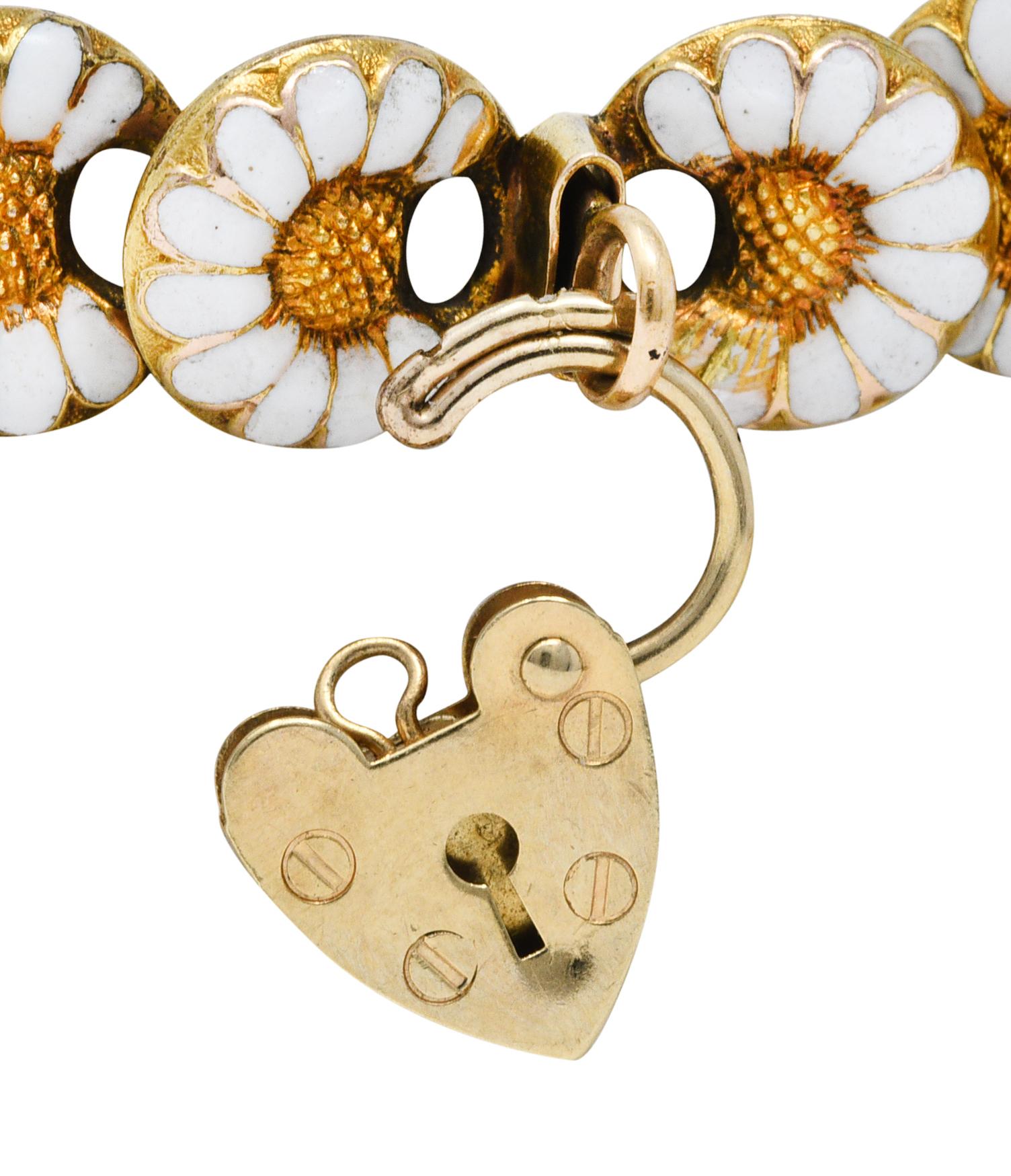 1880's Victorian Enamel 14 Karat Gold Heart Padlock Daisy Link Bracelet 4