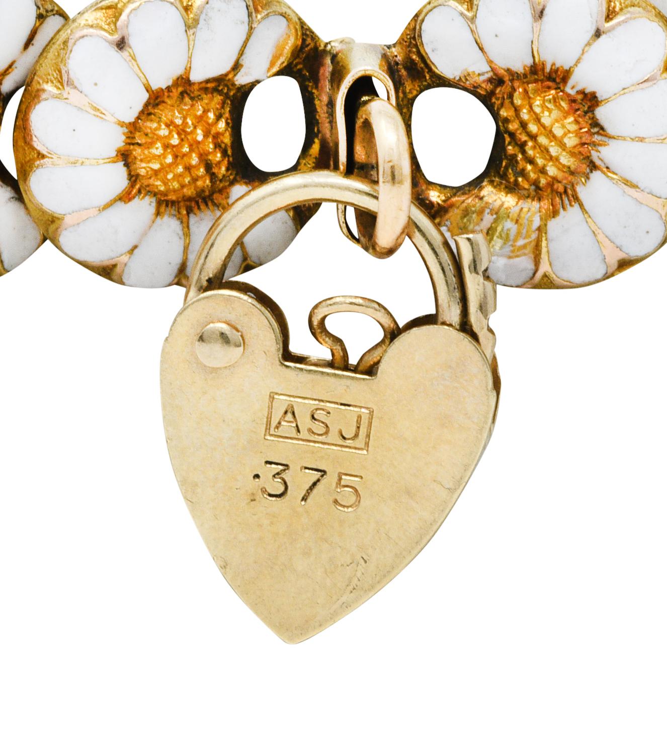 1880's Victorian Enamel 14 Karat Gold Heart Padlock Daisy Link Bracelet 5