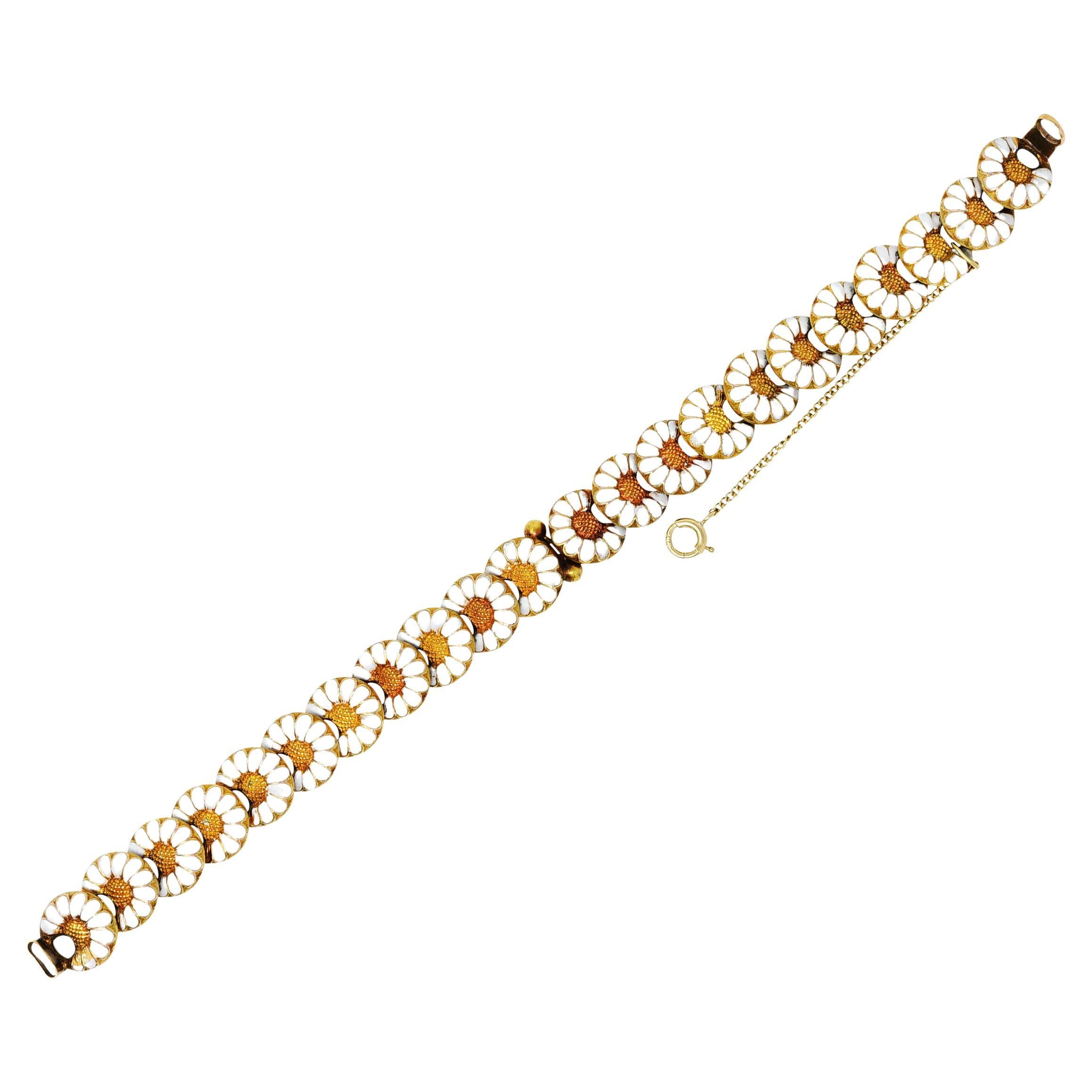1880's Victorian Enamel 14 Karat Gold Heart Padlock Daisy Link Bracelet