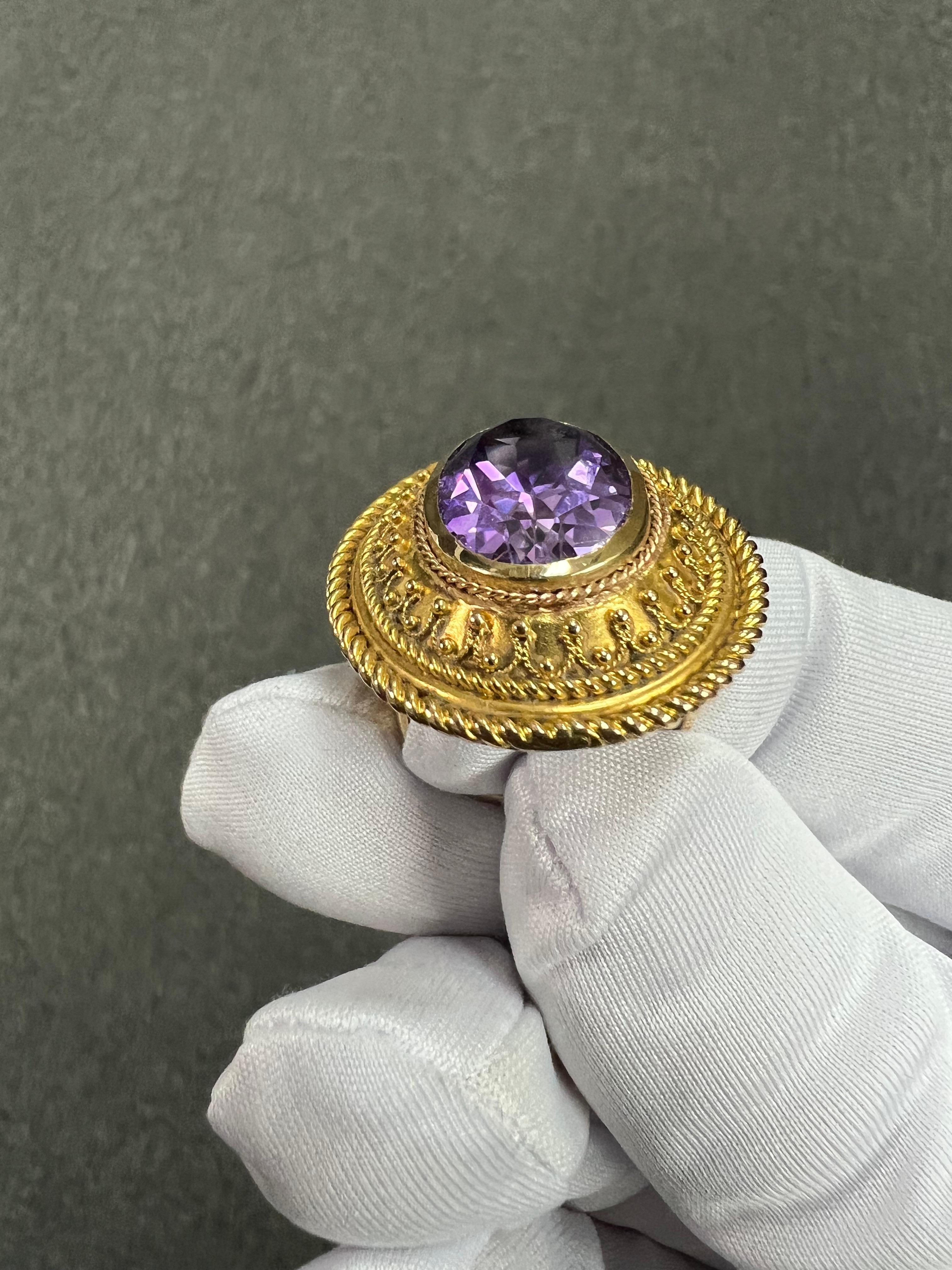 1880s Victorian Etruscan Revival Amethyst 14k Gold Ring For Sale 11