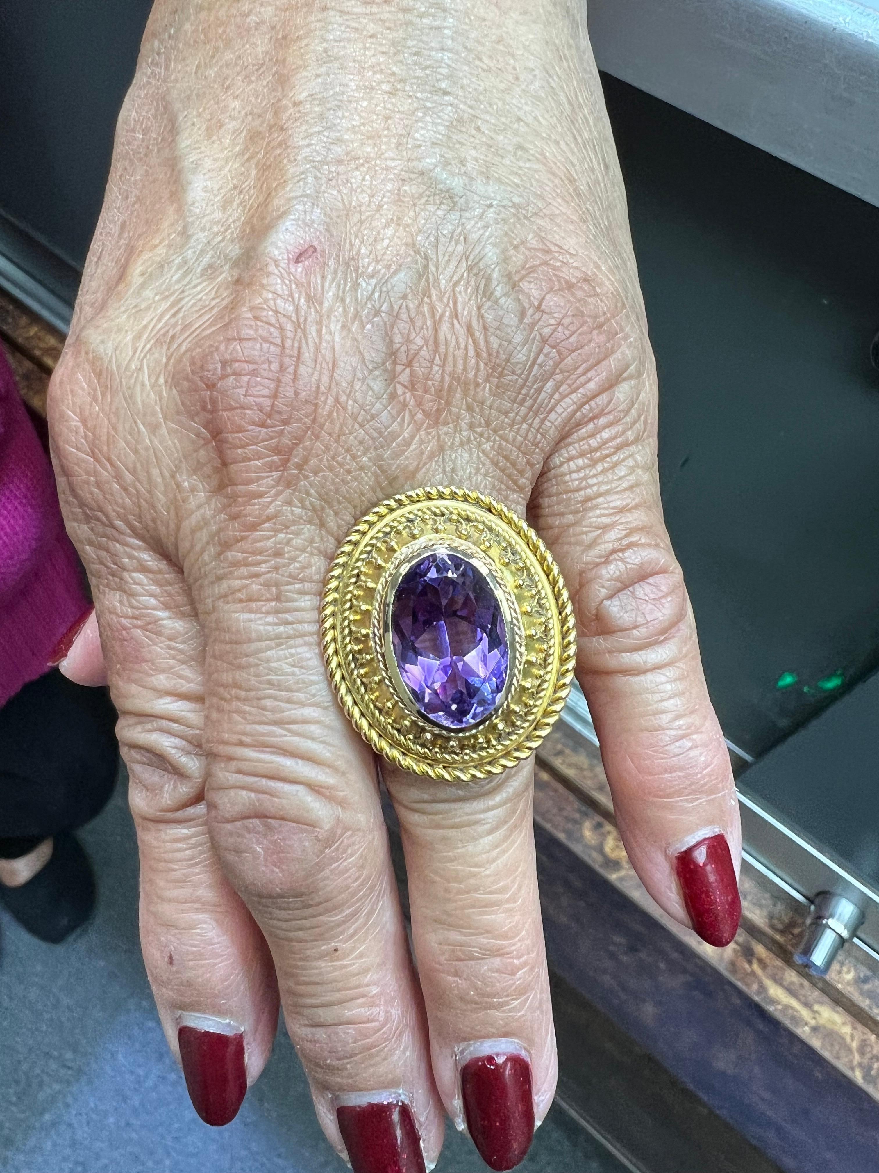 1880s Victorian Etruscan revival Amethyst 14k gold ring.

The 1880s Victorian Etruscan Revival Amethyst 14K Gold Ring represents a significant intersection of historical influences and artistic expression during the Late Victorian era. This period