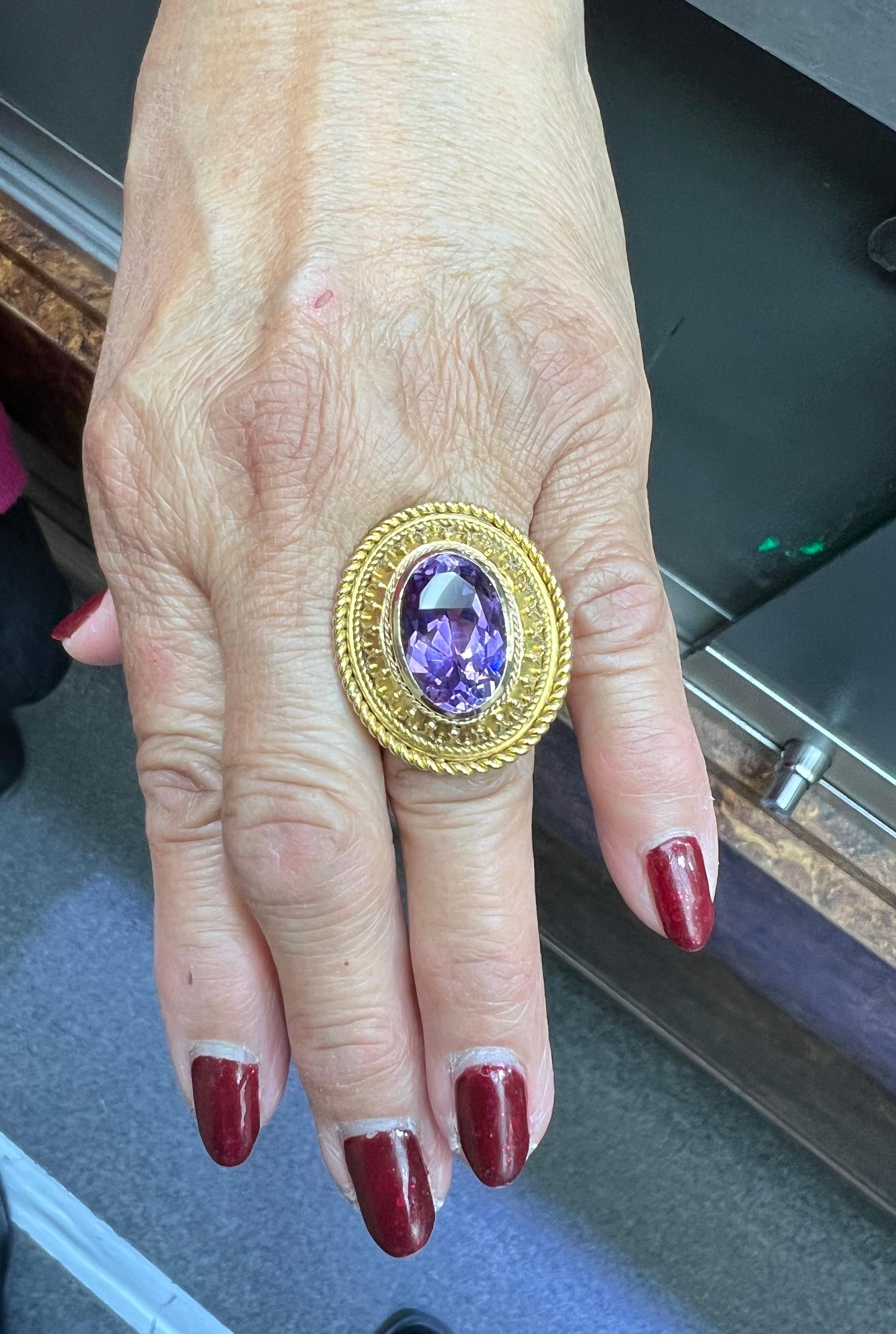 Oval Cut 1880s Victorian Etruscan Revival Amethyst 14k Gold Ring For Sale
