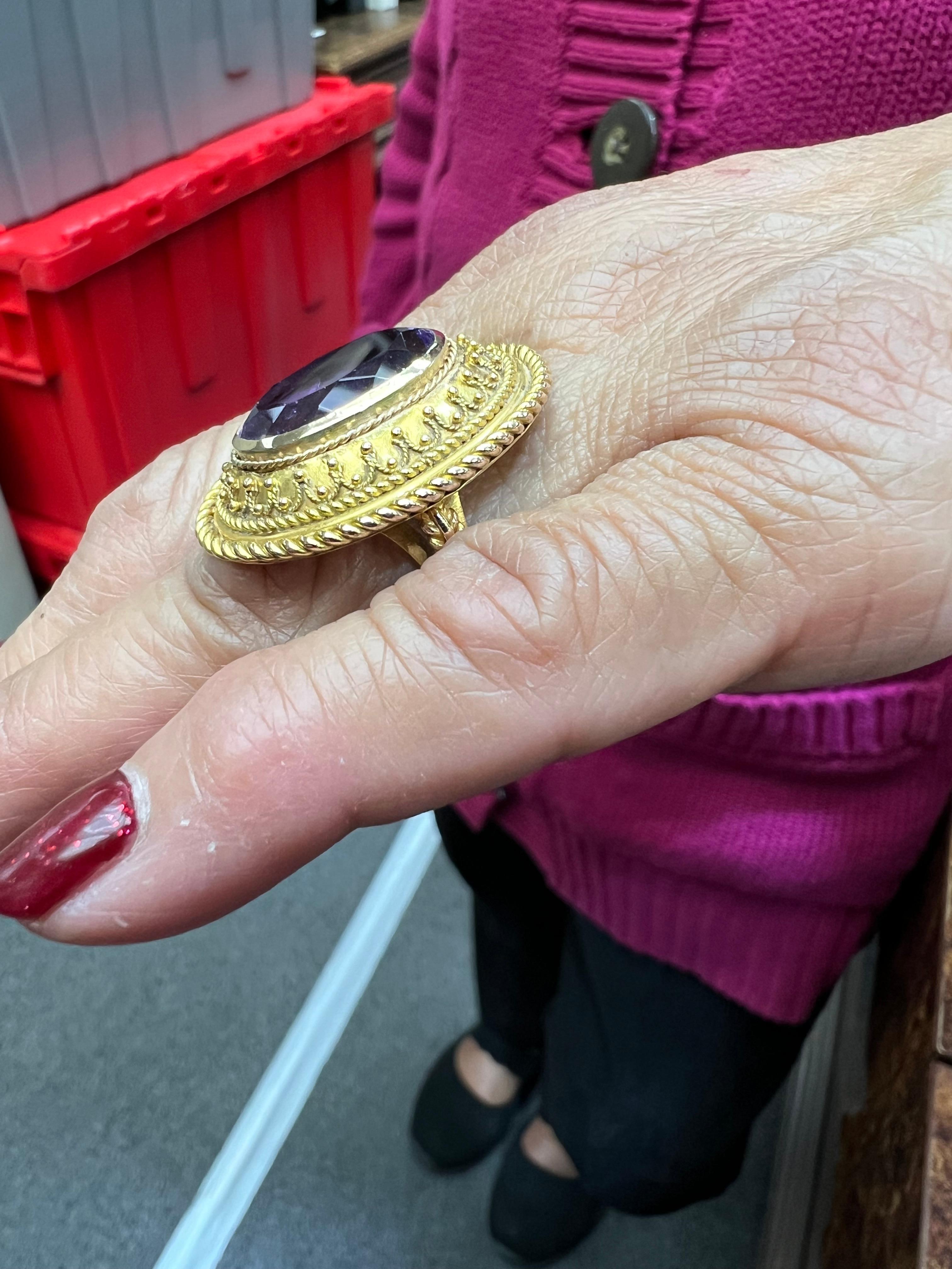 1880s Victorian Etruscan Revival Amethyst 14k Gold Ring In Good Condition For Sale In Los Angeles, CA