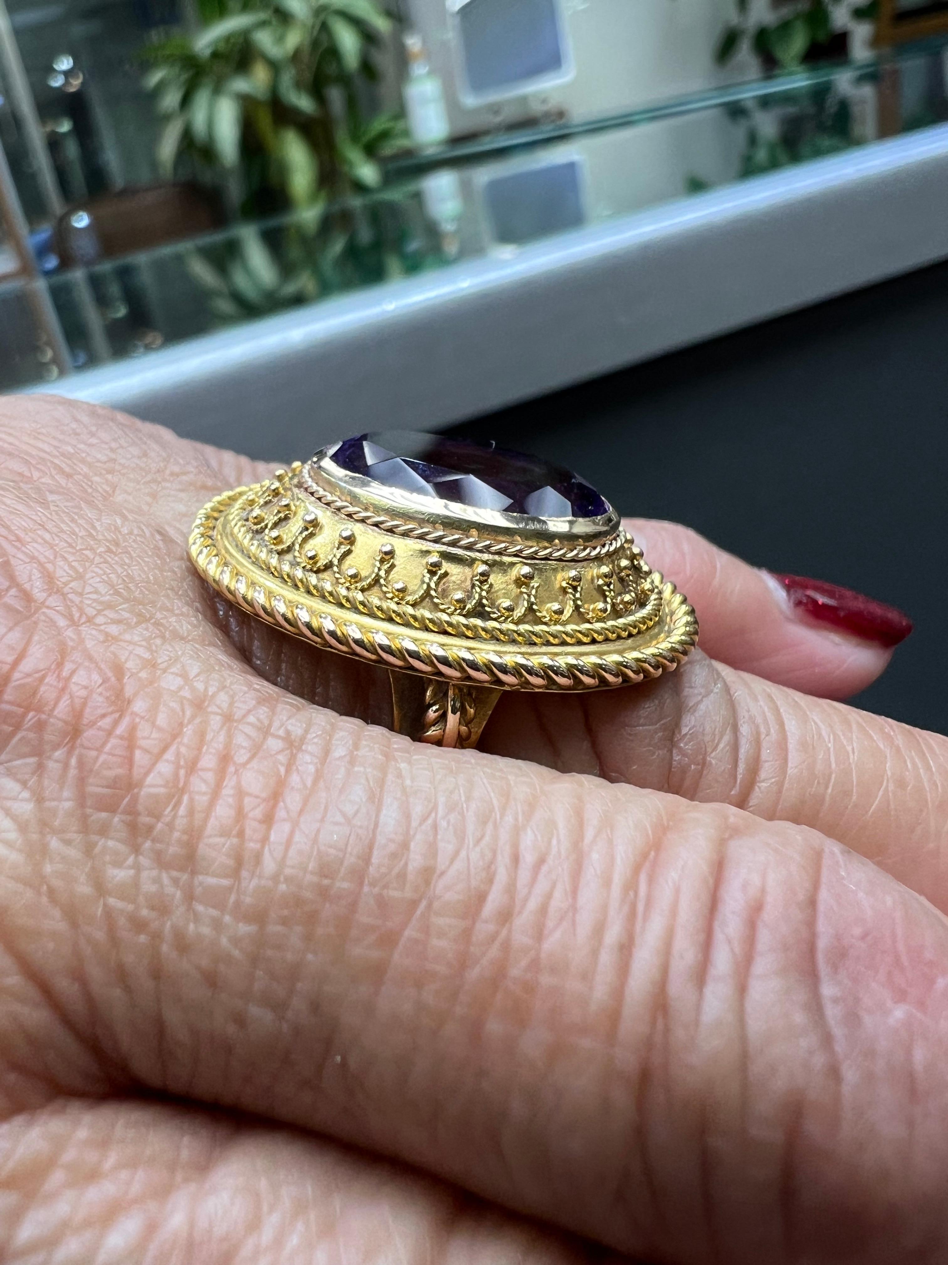 Women's or Men's 1880s Victorian Etruscan Revival Amethyst 14k Gold Ring For Sale
