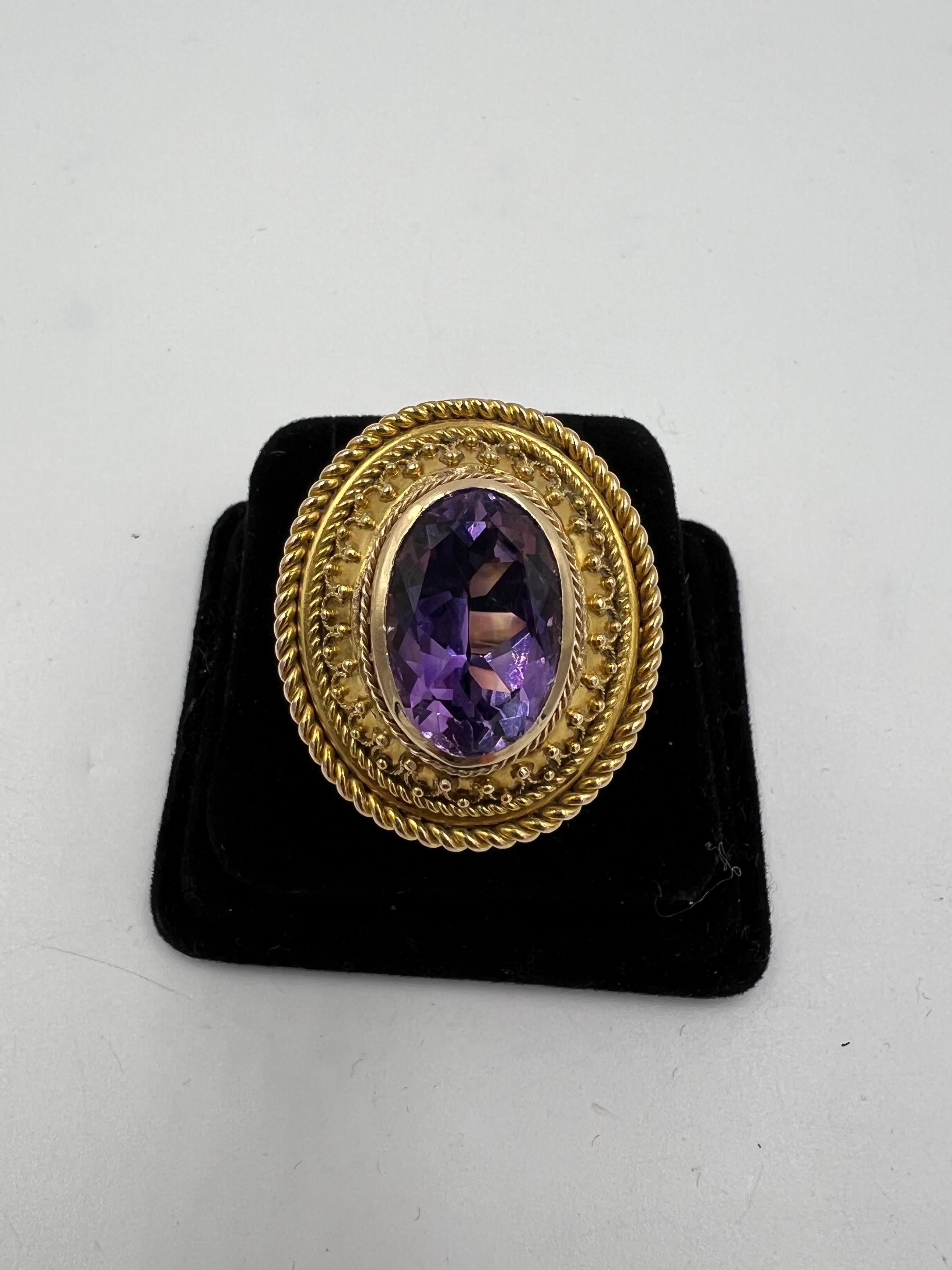 1880s Victorian Etruscan Revival Amethyst 14k Gold Ring For Sale 1