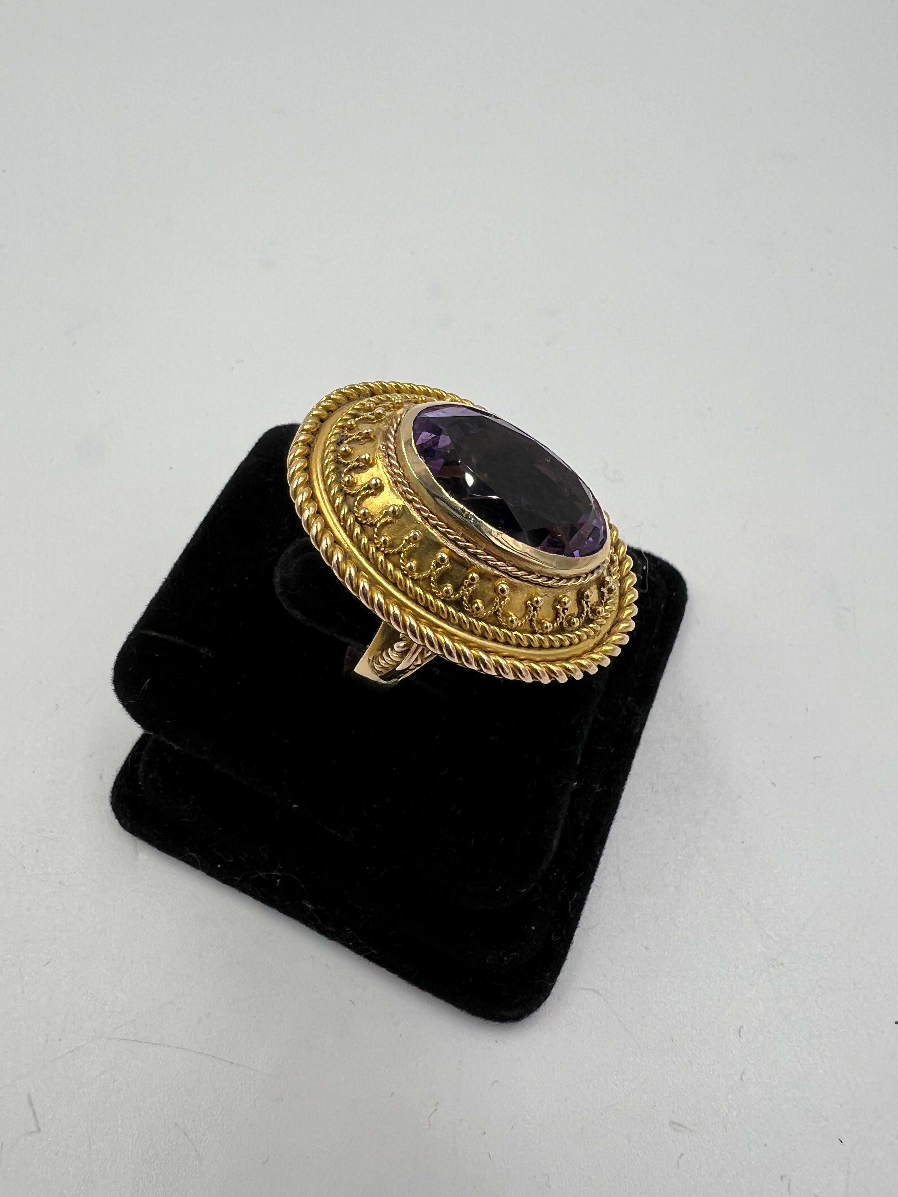 1880s Victorian Etruscan Revival Amethyst 14k Gold Ring For Sale 2