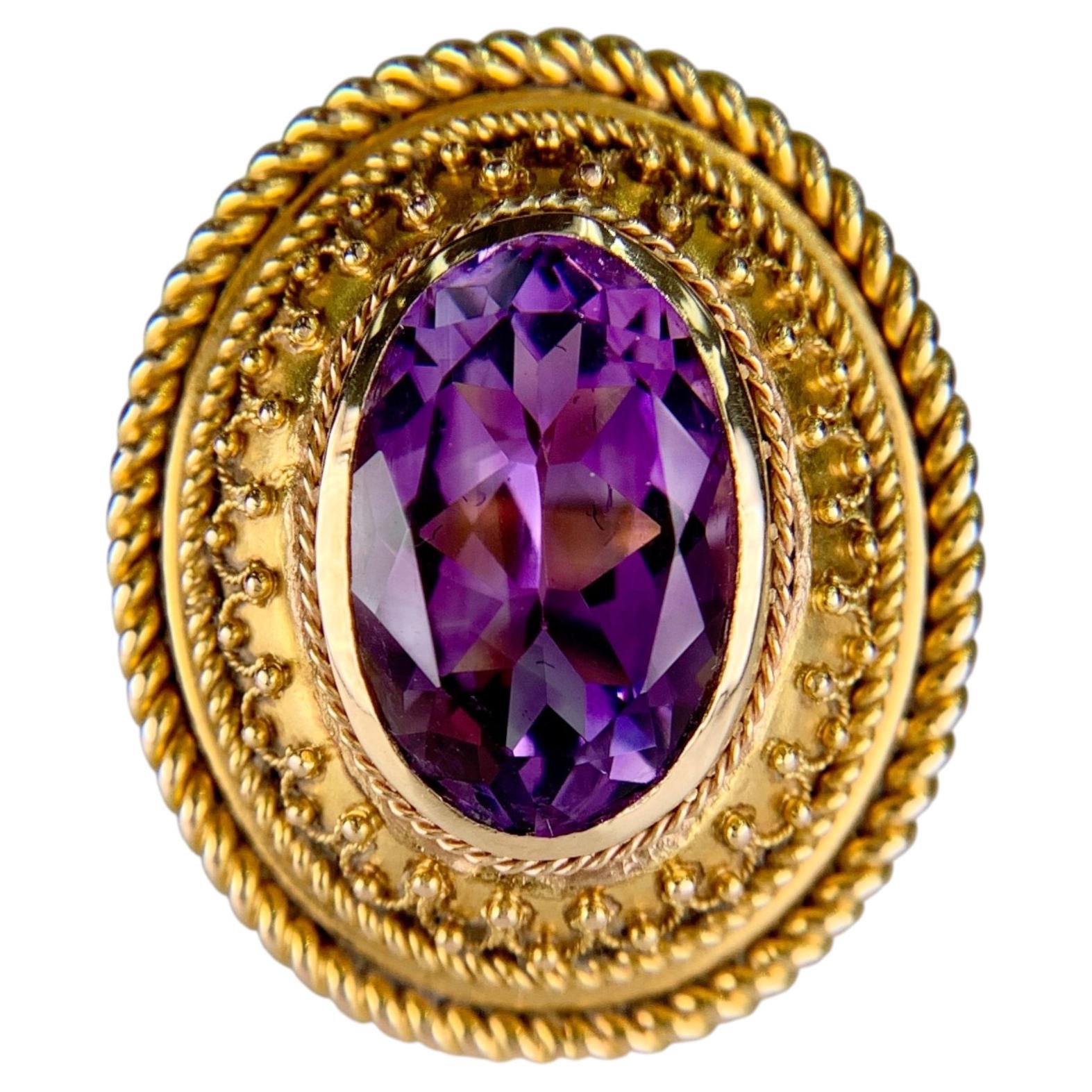 1880er Jahre viktorianischer etruskischer Revival Amethyst 14k Goldring