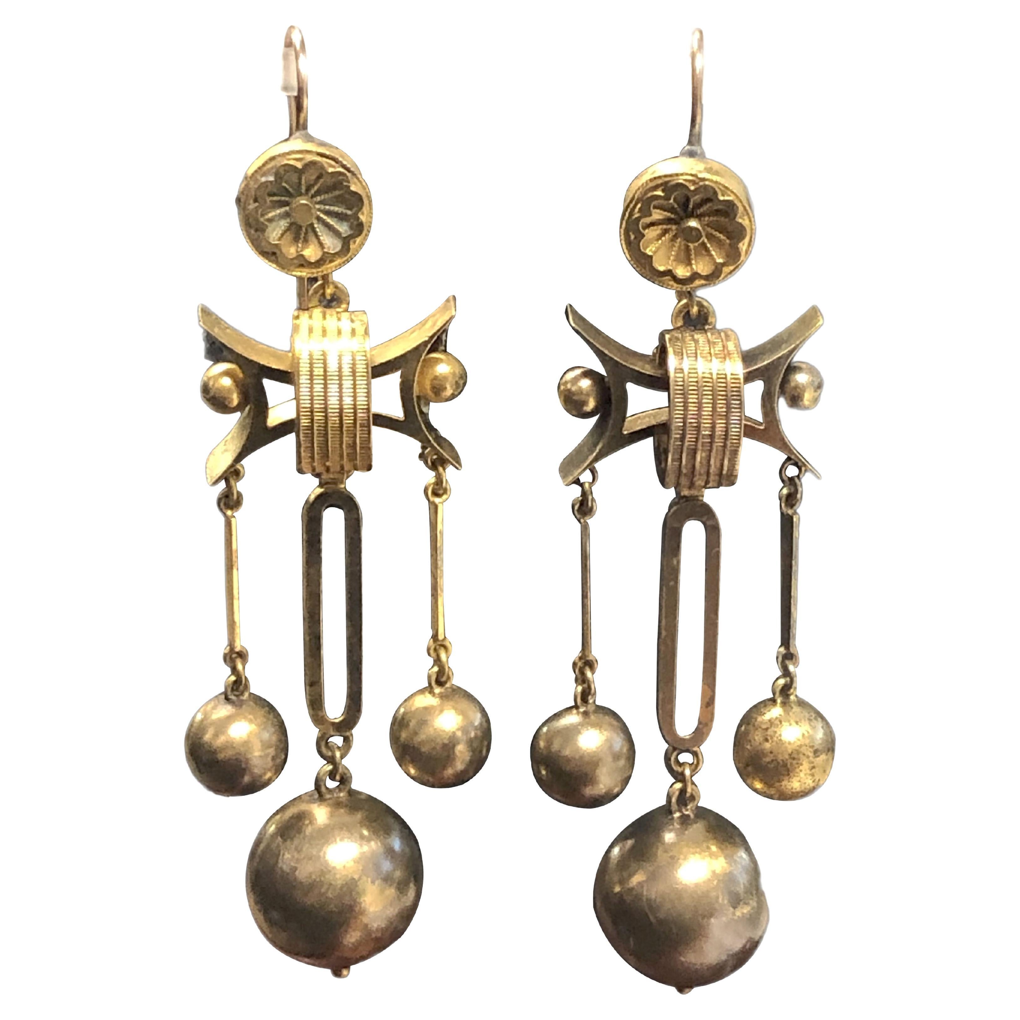 1880s Victorian Etruscan Revival Large Yellow Gold Earrings For Sale
