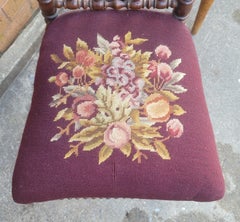 1880s' Victorian Gothic Revival Bobbin Mahogany and Needlepoint Seat Side Chair