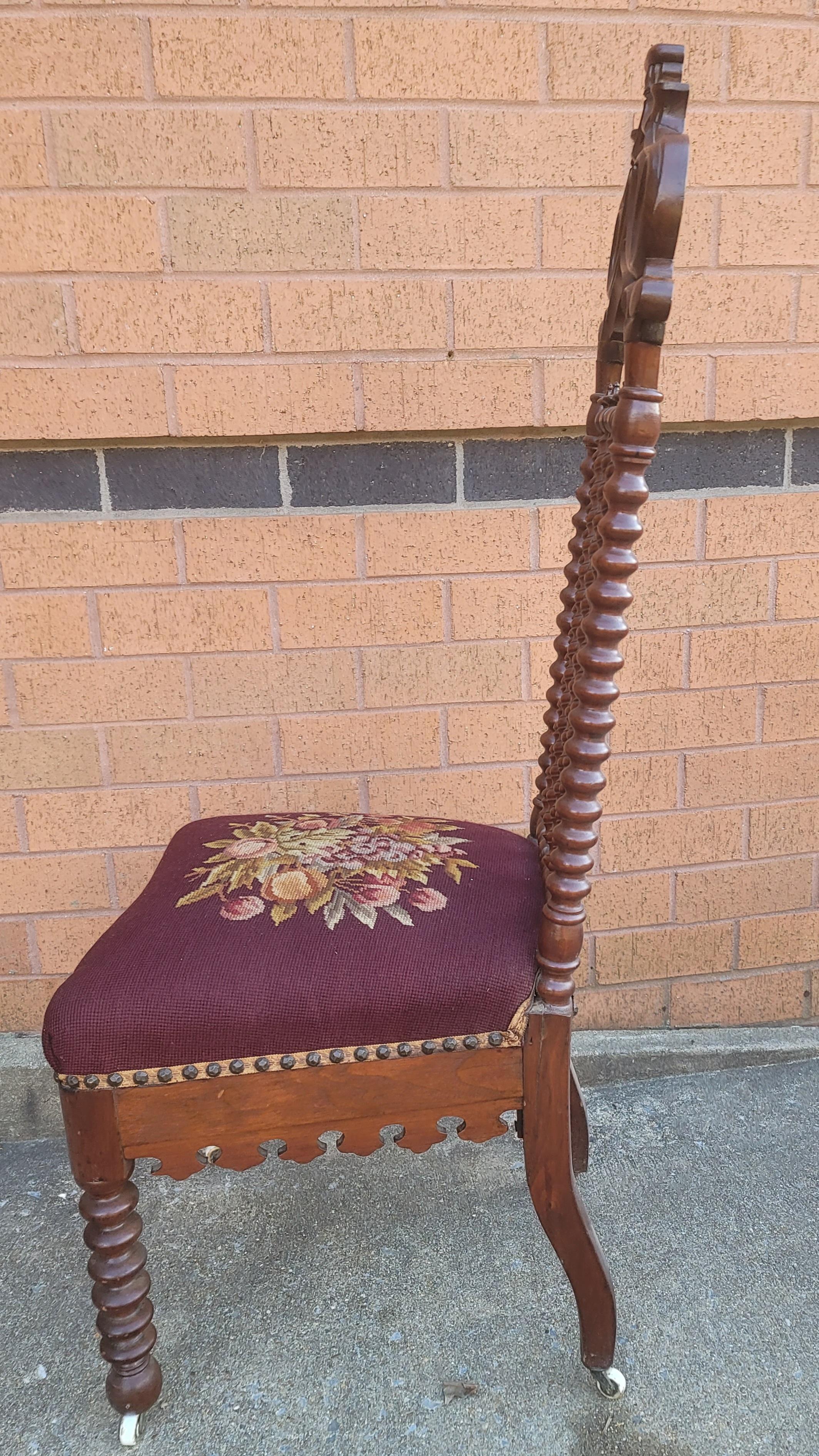 American 1880s' Victorian Gothic Revival Bobbin Mahogany and Needlepoint Seat Side Chair For Sale