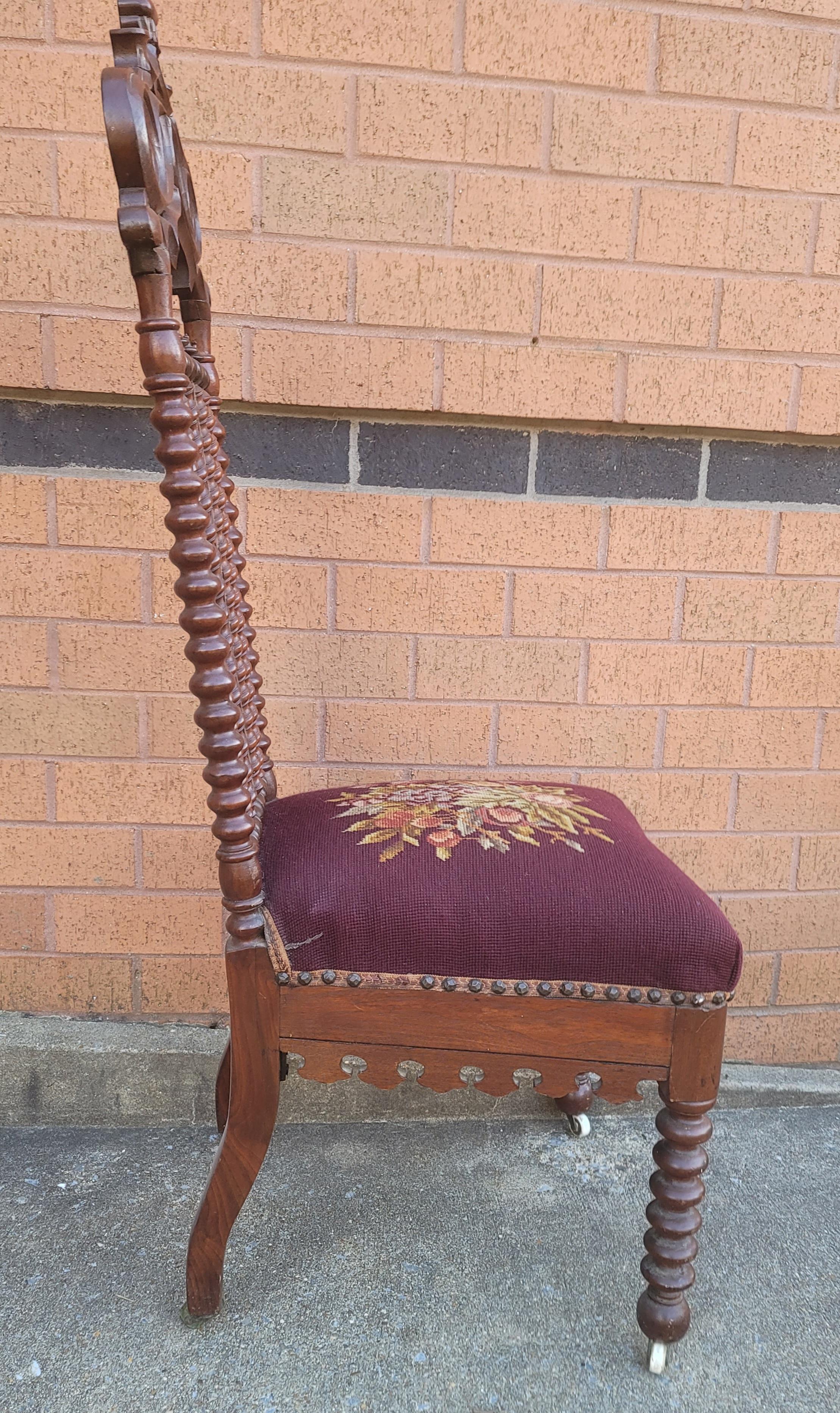 1880s' Victorian Gothic Revival Bobbin Mahogany and Needlepoint Seat Side Chair In Good Condition For Sale In Germantown, MD
