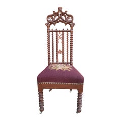 Viktorianischer Gothic Revival Bobbin-Beistellstuhl aus Mahagoni und Nadelspitze, 1880er Jahre
