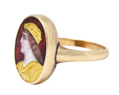 1880's Victorian Guilloche Enamel 14 Karat Gold Portrait Ring