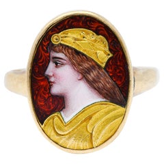 Antique 1880's Victorian Guilloche Enamel 14 Karat Gold Portrait Ring