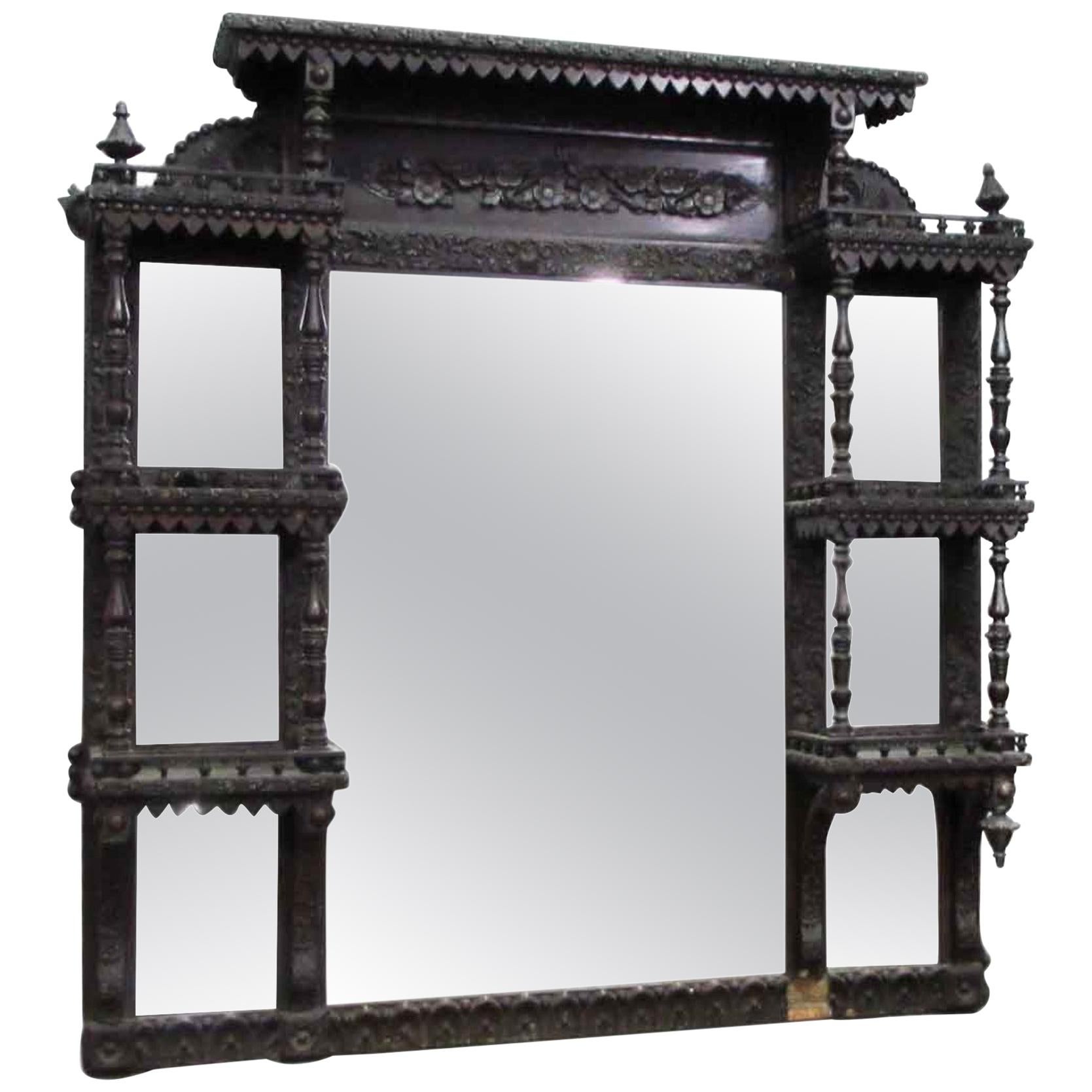 1880s Victorian Hand Carved Dark Tone Wood over Mantel with Shelves