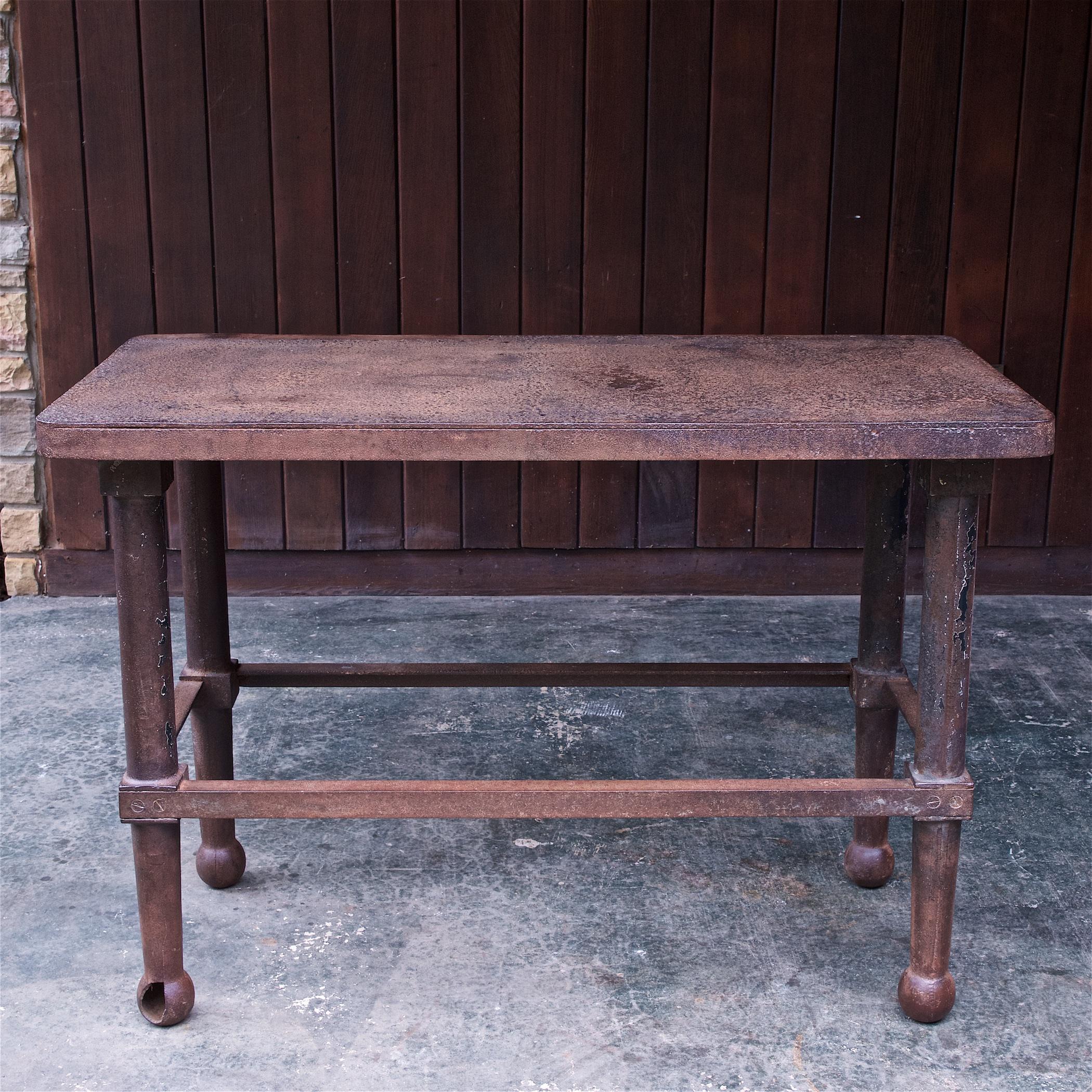 1880s Victorian Mercantile Forged Iron Work Table Vintage Industrial Console In Distressed Condition For Sale In Hyattsville, MD