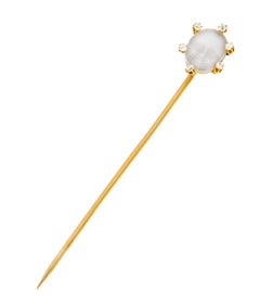 1880's Victorian Moonstone Diamond 18 Karat Yellow Gold Baby Stickpin
