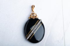 1880's Victorian Mourning Onyx Pearl Gold Inlay Locket 14K Solid Gold