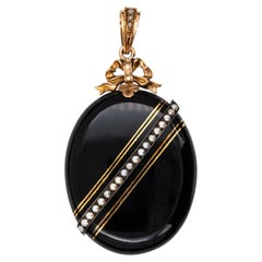 1880's Victorian Mourning Onyx Pearl Gold Inlay Locket 14K Solid Gold