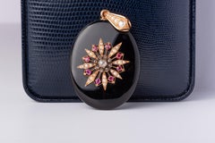 1880's Victorian Mourning Onyx Ruby Rosecut Diamond Pearl Gold Inlay Locket