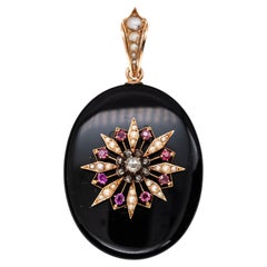 1880's Victorian Mourning Onyx Ruby Rosecut Diamond Pearl Gold Inlay Locket