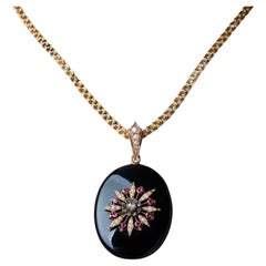 1880's Victorian Mourning Onyx Ruby Rosecut Diamond Pearl Gold Inlay Locket