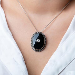 1880's Victorian Mourning Rosecut Diamond Onyx Gold Pendant Brooch 14K Gold