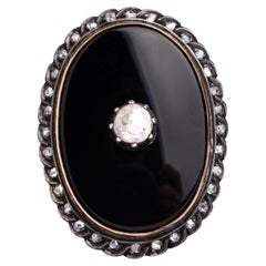 1880's Victorian Mourning Rosecut Diamond Onyx Gold Pendant Brooch 14K Gold