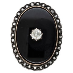 1880's Victorian Mourning Rosecut Diamond Onyx Gold Pendant Brooch 14K Gold