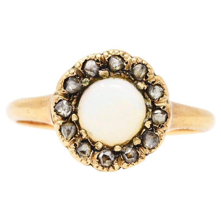 1880's Victorian Opal Diamond 14 Karat Rose Gold Cluster Ring at 1stDibs