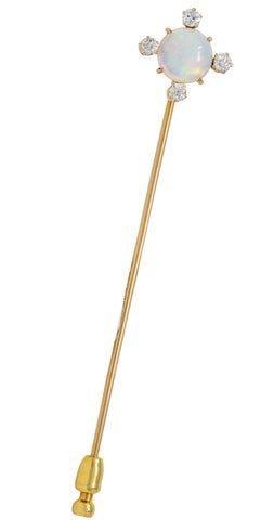 1880's Victorian Opal Diamond 18 Karat Yellow Gold Antique Quatrefoil Stickpin