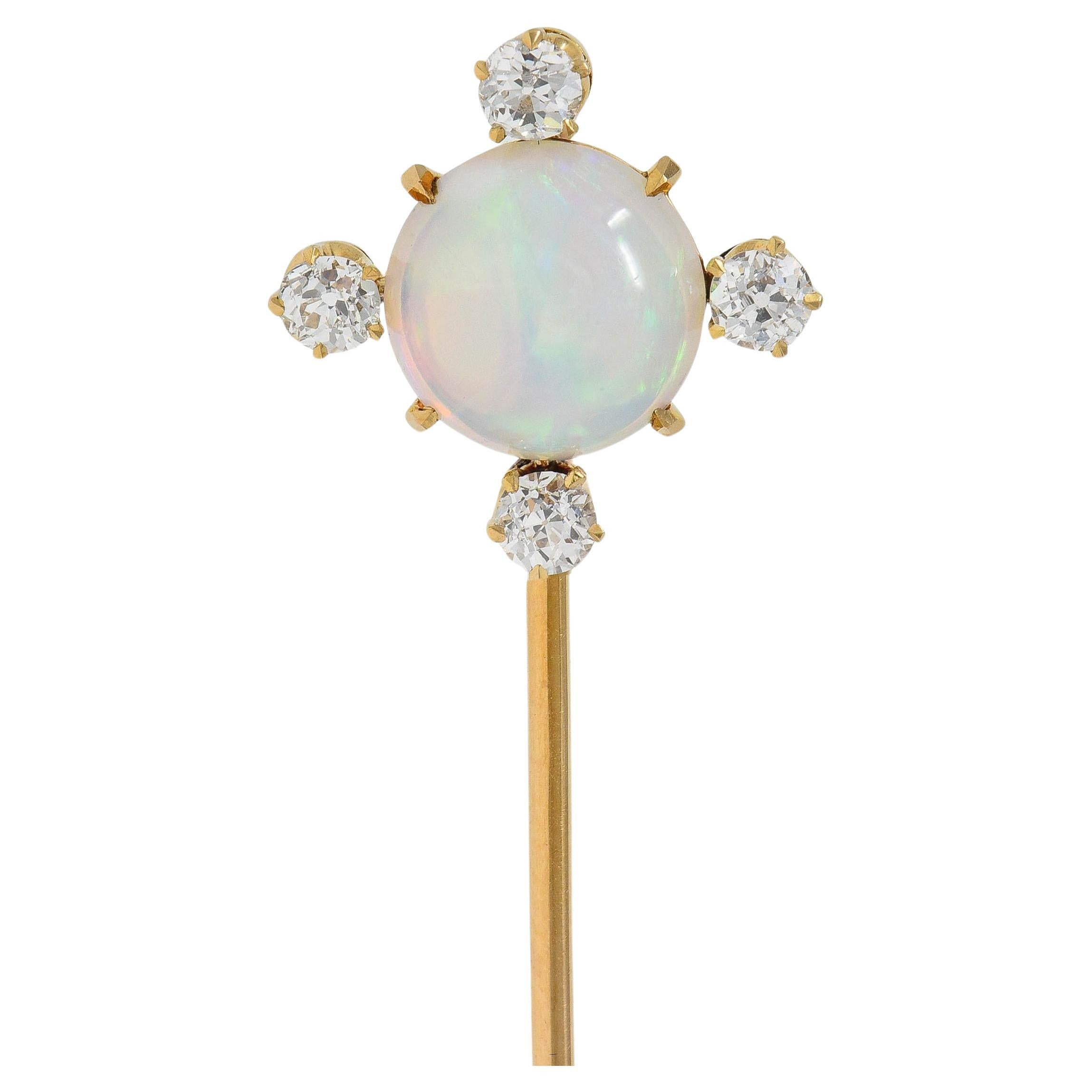 1880
s Victorian Opal Diamond 18 Karat Yellow Gold Antique Quatrefoil Stickpin