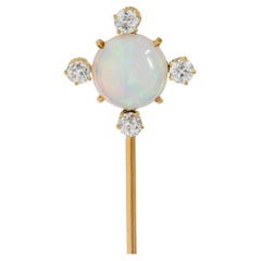 1880's Victorian Opal Diamond 18 Karat Yellow Gold Antique Quatrefoil Stickpin