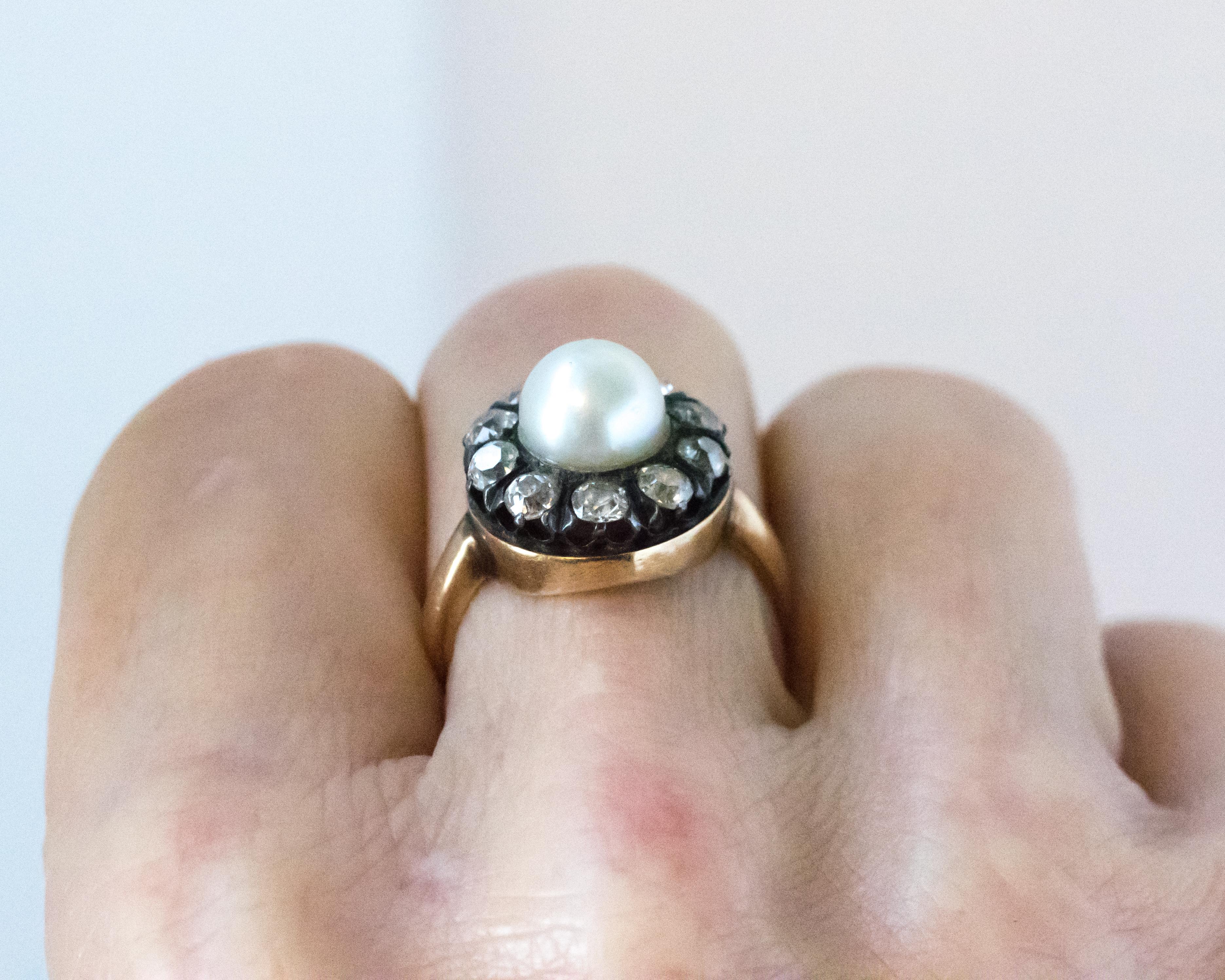 1880s Victorian Pearl and 1.0 Carat Total Old Mine Diamond Ring 7