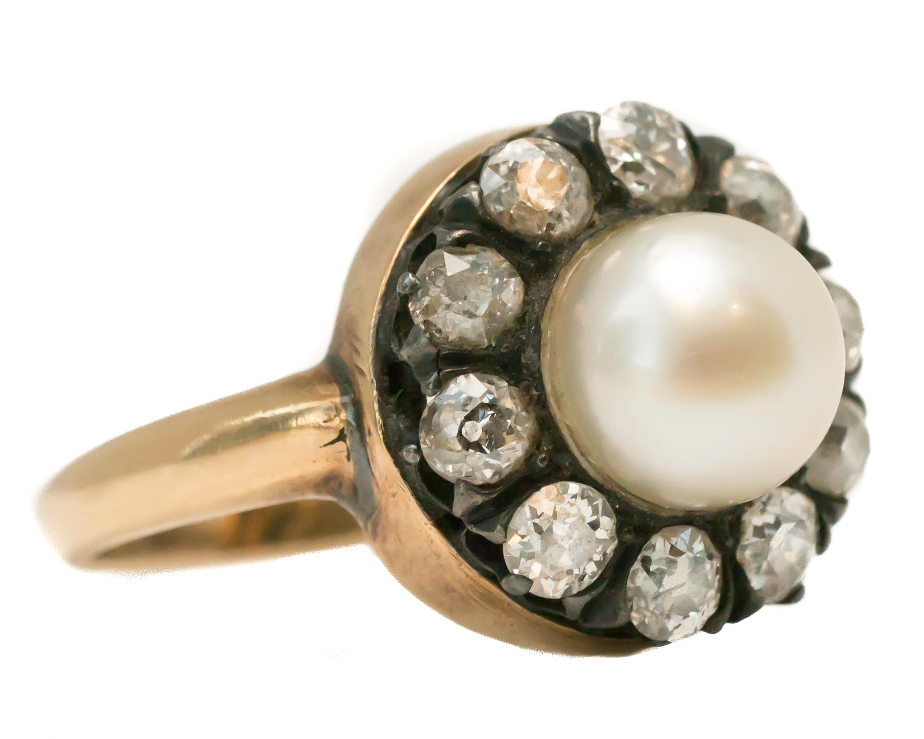 1880s Antique Old Mine Diamond and Pearl Ring - 14 Karat Yellow Gold, Pearl, Diamonds

Features:
7.5 millimeter Pearl
1.0 carat total round Old Mine Diamonds
14 Karat Yellow Gold Setting
Gorgeous White Pearl has fantastic luster and iridescence with