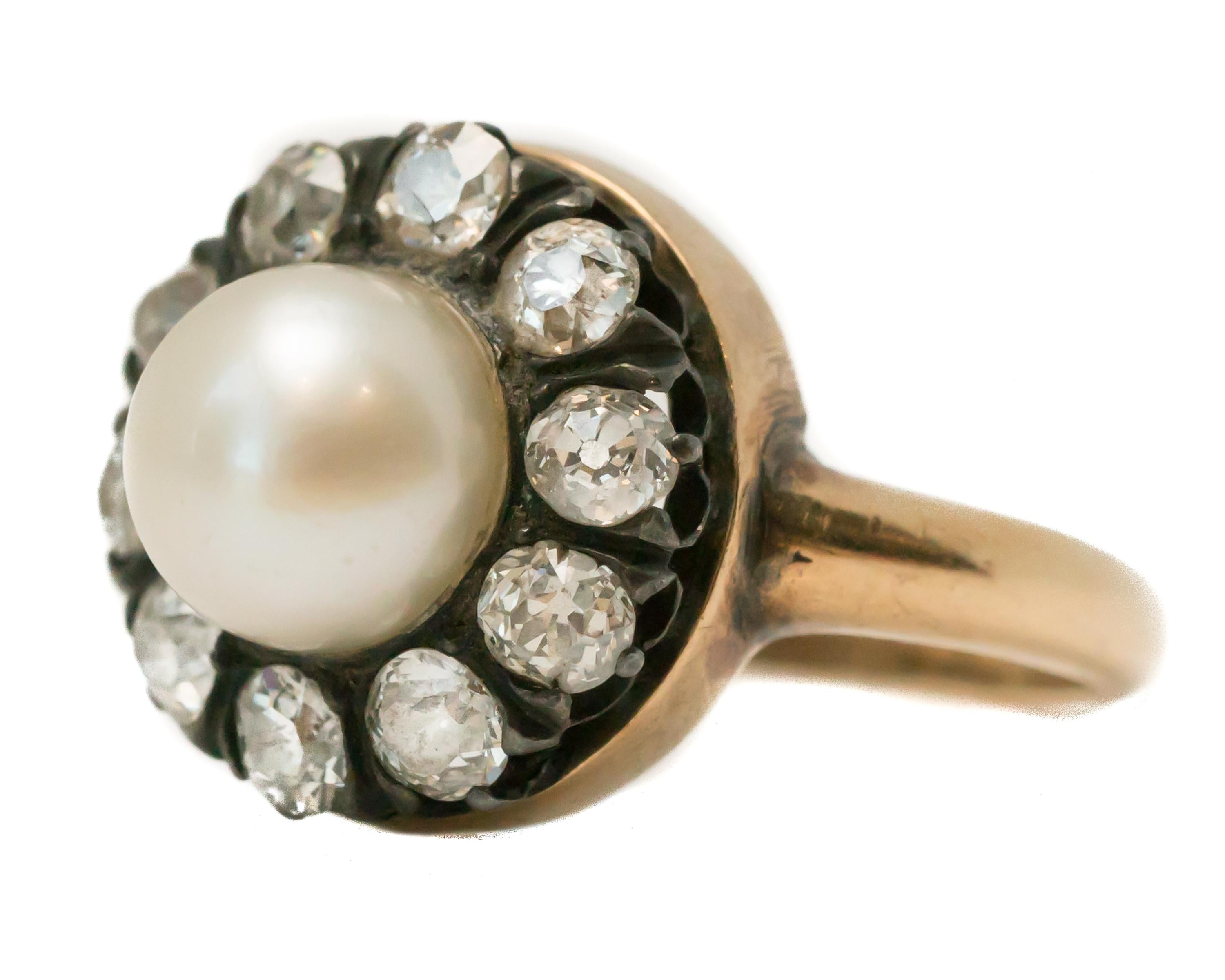 Women's 1880s Victorian Pearl and 1.0 Carat Total Old Mine Diamond Ring