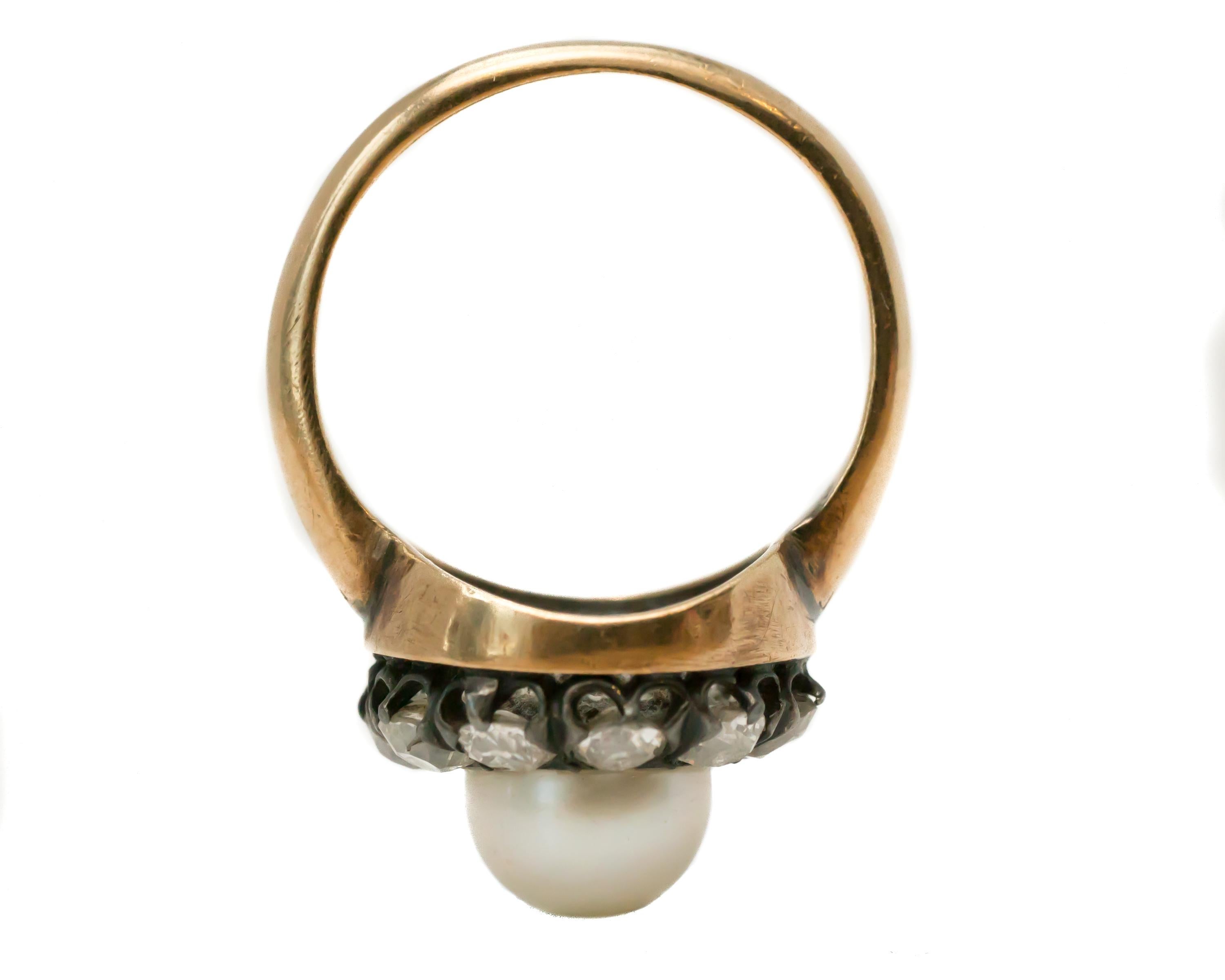 1880s Victorian Pearl and 1.0 Carat Total Old Mine Diamond Ring 1
