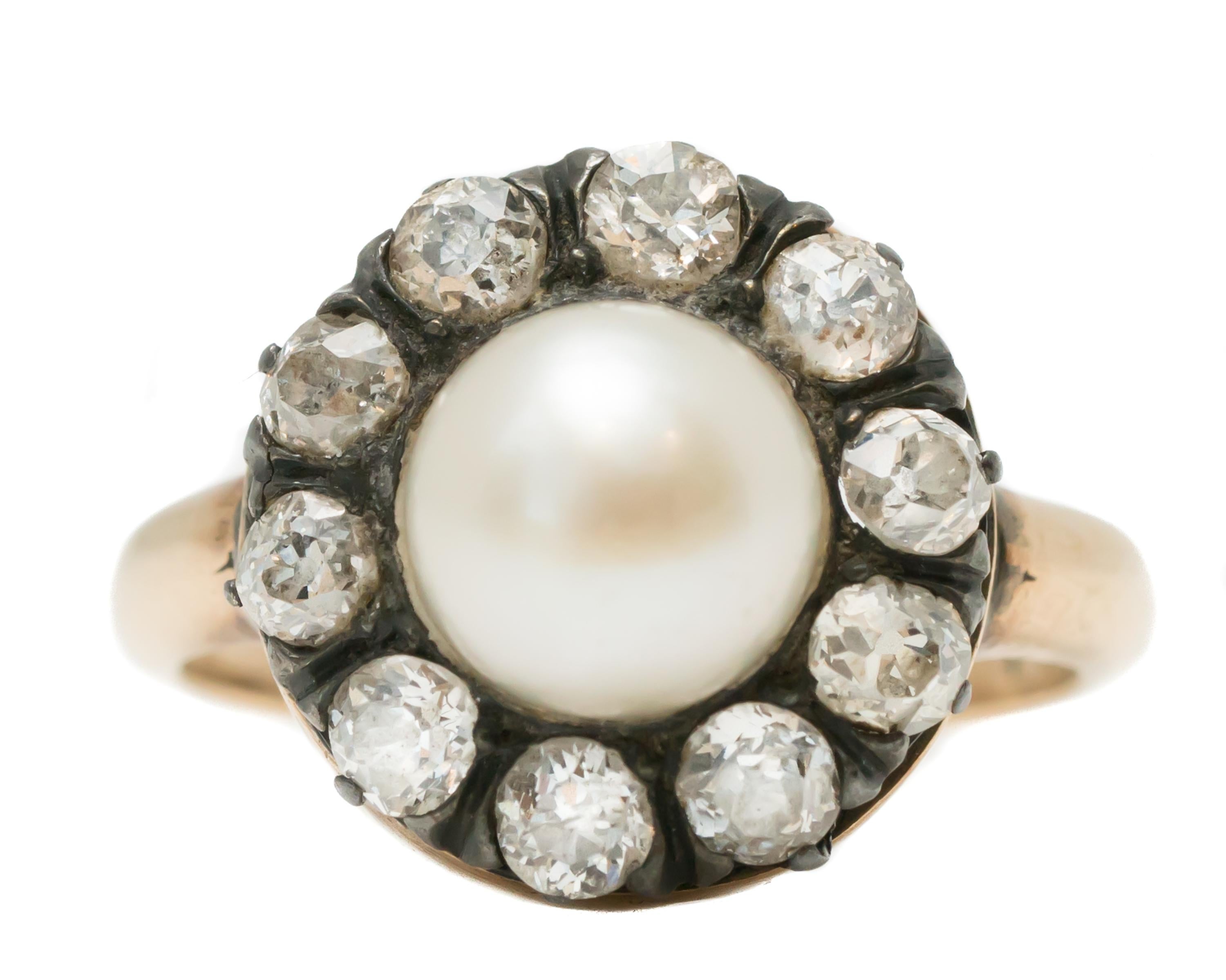 1880s Victorian Pearl and 1.0 Carat Total Old Mine Diamond Ring 3
