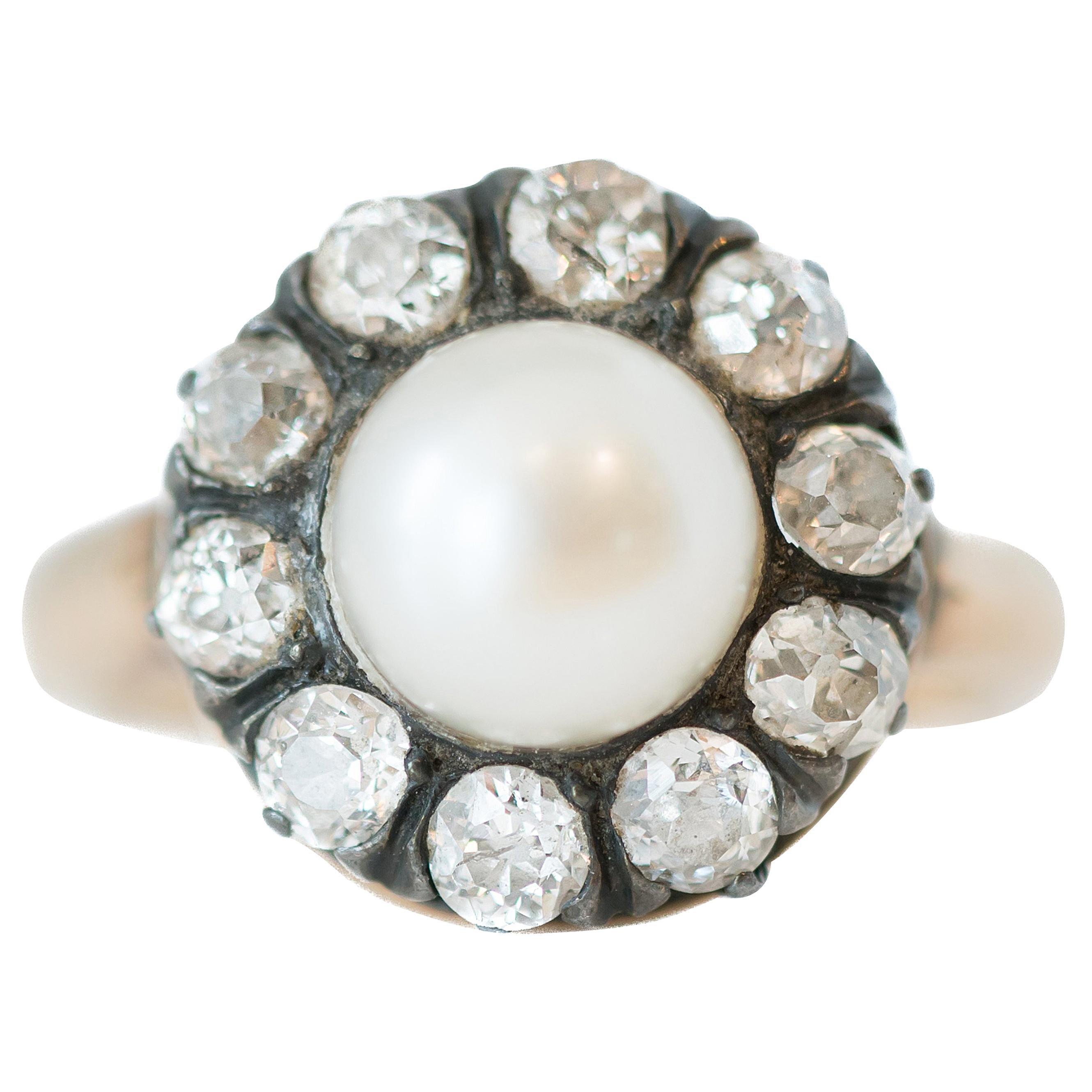 1880s Victorian Pearl and 1.0 Carat Total Old Mine Diamond Ring