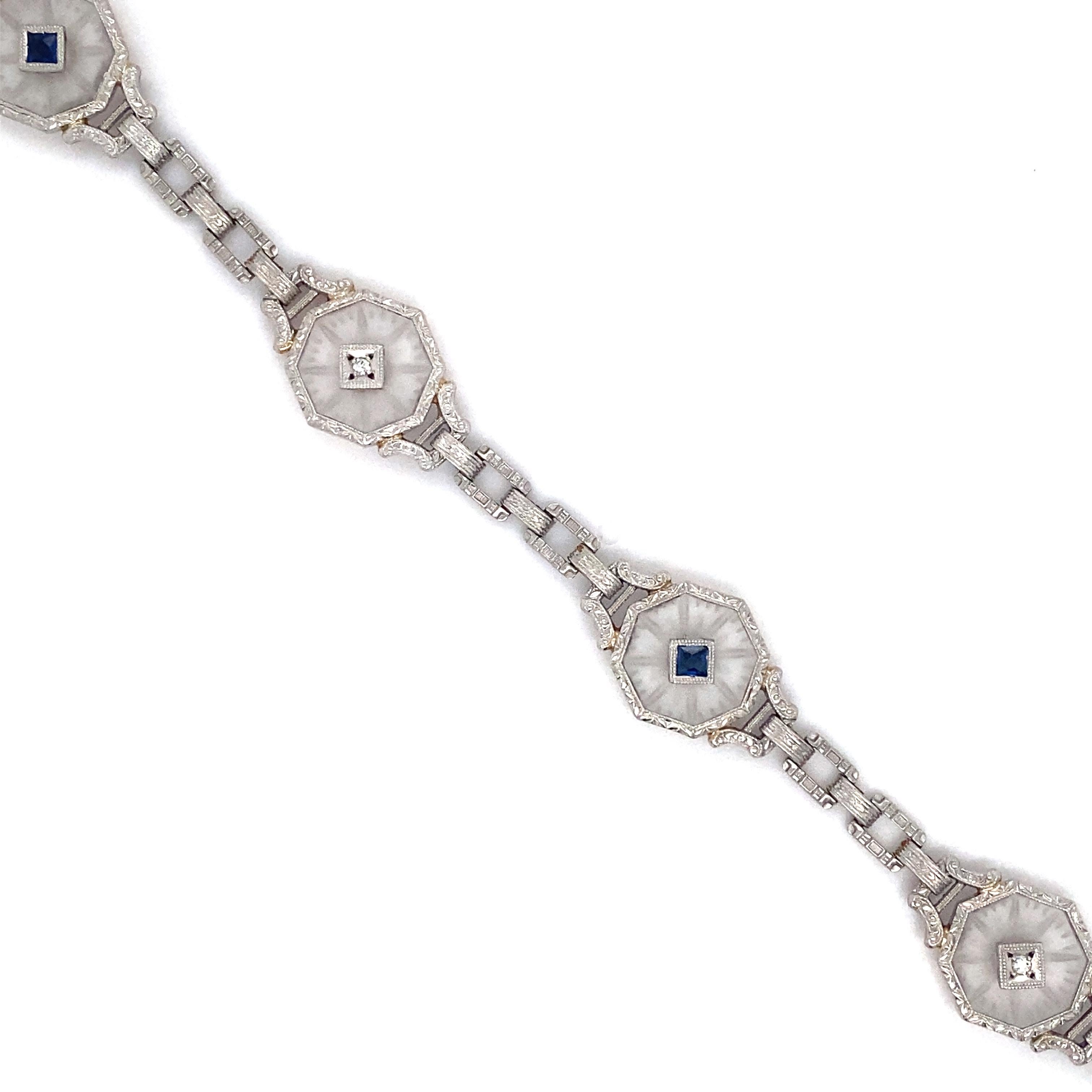 French Cut 1880s Victorian Rock Crystal, Sapphire and Diamond Bracelet in 14 Karat Gold