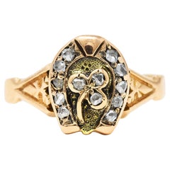 Antique 1880's Victorian Rose Cut Diamond 14 Karat Two-Tone Gold Clover Horseshoe Ring